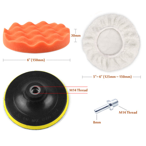 POLIWELL 11Pcs 6 inch Car Polishing Buffing Sponge Pads Kit Wool Bonnet Pads with 8mm M14 Drill Adapter Car Waxing Kit