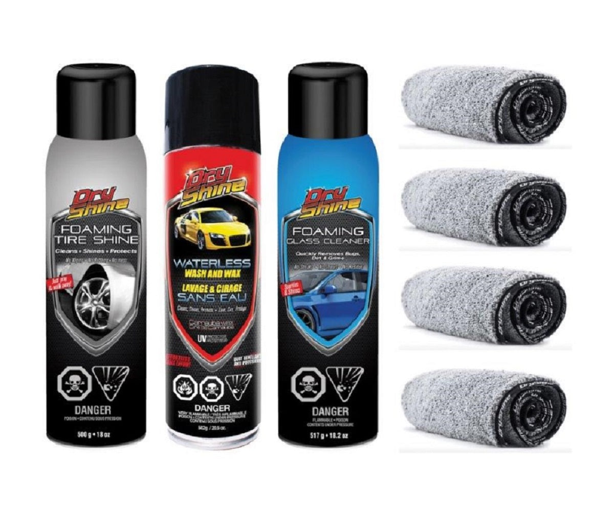 Dry Shine Waterless Exterior Car Care Kit + 4 Dual Pile Microfiber Towels