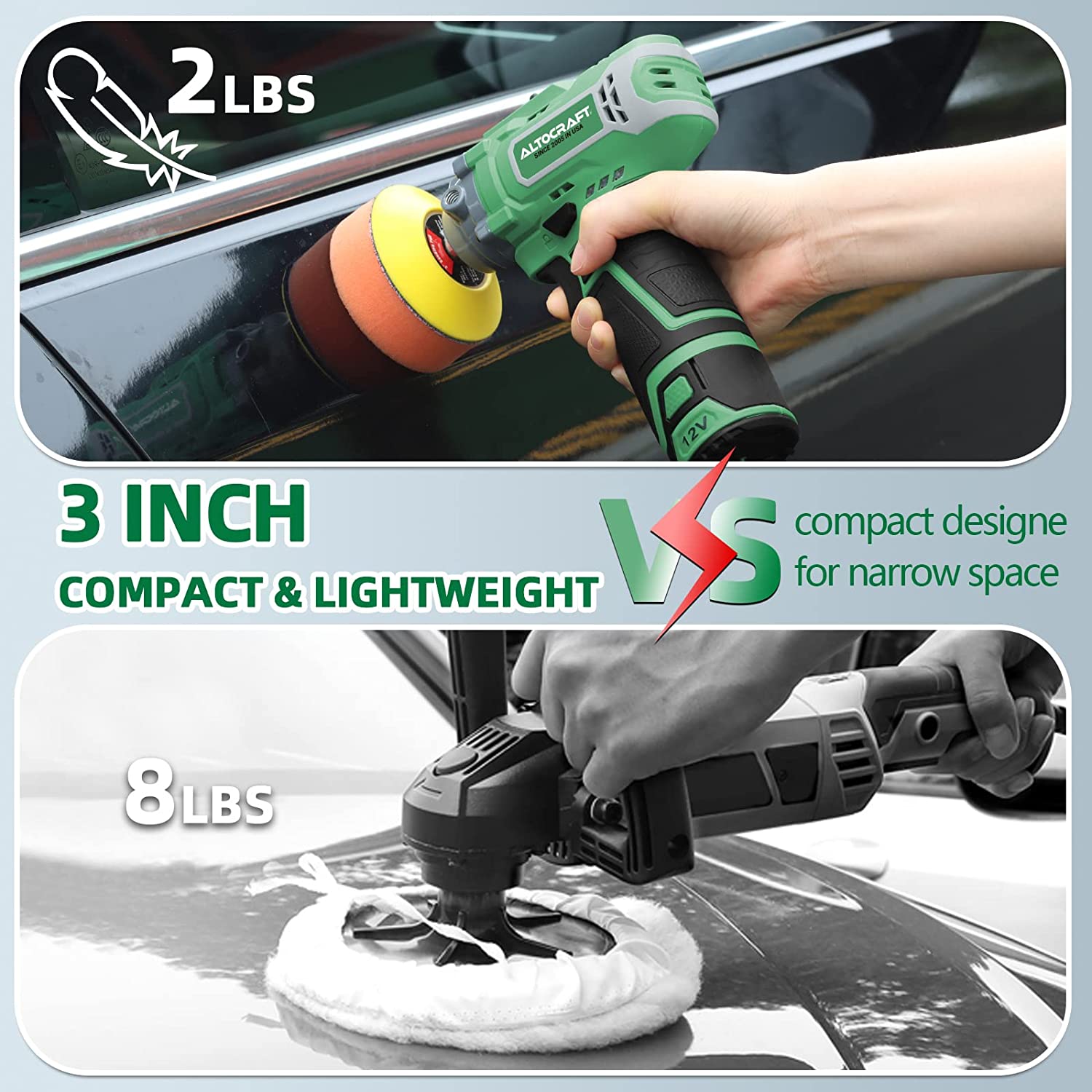 ALTOCRAFT 3-in-1 12V Cordless Polisher & Sander,3-inch Mini Car Detailing Buffer w/2.0Ah Li-ion Battery,7800RPM Variable Speed,5 Sandpapers,2 Flat Pads,Wool Pad for Auto/DIY Polishing/Sanding/Waxing