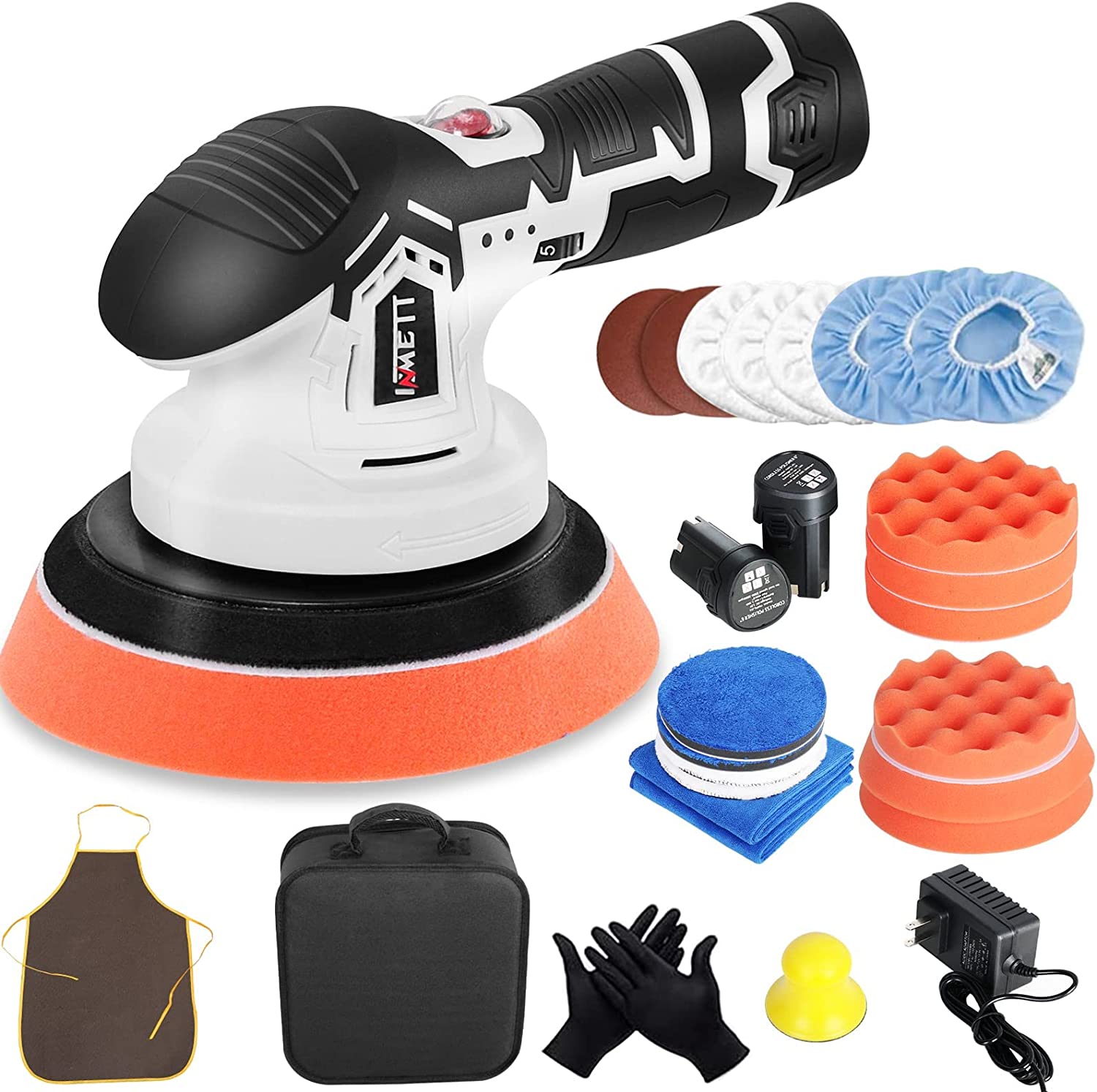 INMETT Cordless Car Buffer Polisher - with 2pcs 12V Lithium Rechargeable Battery Brushless Polisher with Variable Speed, 2.0Ah Portable Buffer Kit for Waxing,Buffing,Sanding…