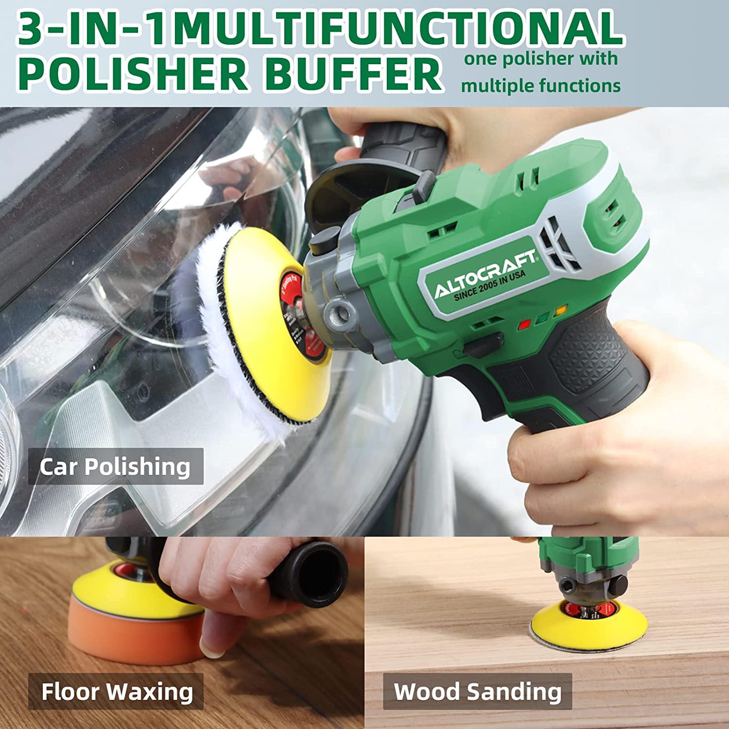 ALTOCRAFT 3-in-1 12V Cordless Polisher & Sander,3-inch Mini Car Detailing Buffer w/2.0Ah Li-ion Battery,7800RPM Variable Speed,5 Sandpapers,2 Flat Pads,Wool Pad for Auto/DIY Polishing/Sanding/Waxing