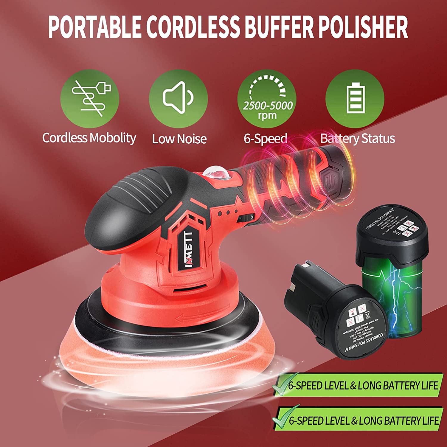 INMETT Cordless Car Buffer Polisher - with 2pcs 12V Lithium Rechargeable Battery Brushless Polisher with Variable Speed, 2.0Ah Portable Buffer Kit for Waxing,Buffing,Sanding…