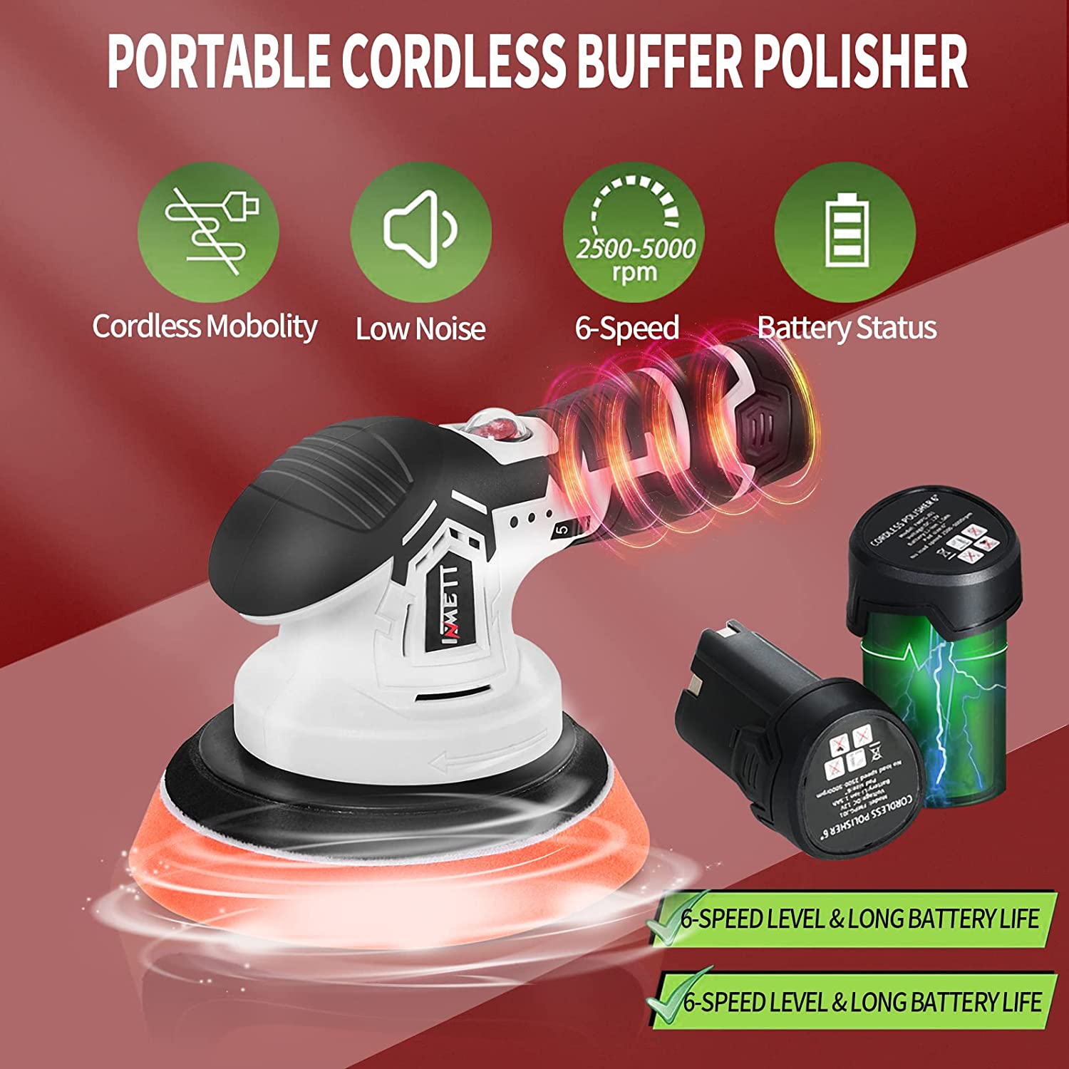 INMETT Cordless Car Buffer Polisher - with 2pcs 12V Lithium Rechargeable Battery Brushless Polisher with Variable Speed, 2.0Ah Portable Buffer Kit for Waxing,Buffing,Sanding…