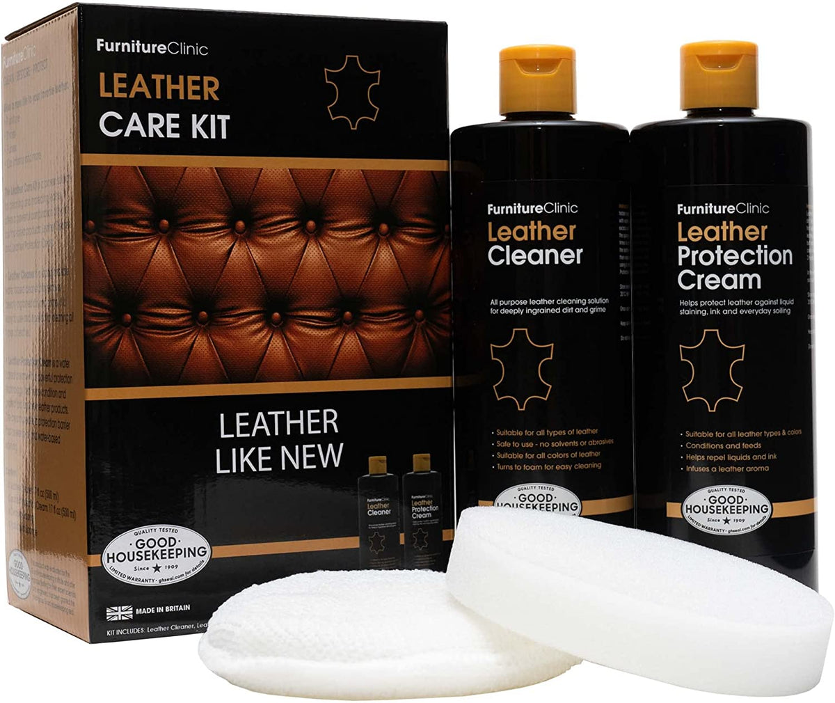 FurnitureClinic Large Leather Care Kit | Includes 17oz Protection Cream & Conditioner, 17oz Leather Cleaner, Sponge & Cloth | for Leather Furniture, Chairs, & More