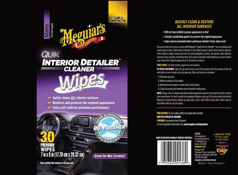 Meguiar's Quik Interior Detailer Cleaner Wipes, G13600, 30 Wipes