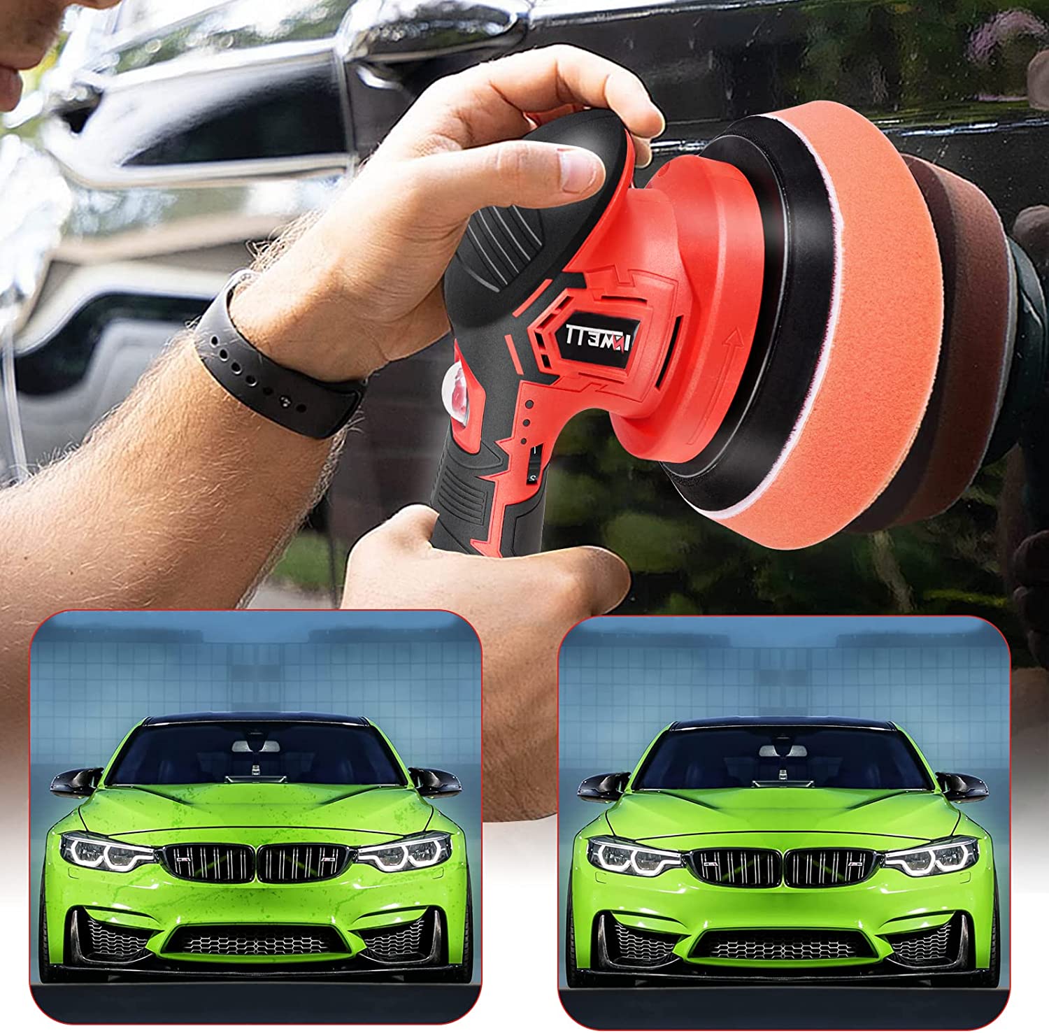 INMETT Cordless Car Buffer Polisher - with 2pcs 12V Lithium Rechargeable Battery Brushless Polisher with Variable Speed, 2.0Ah Portable Buffer Kit for Waxing,Buffing,Sanding…