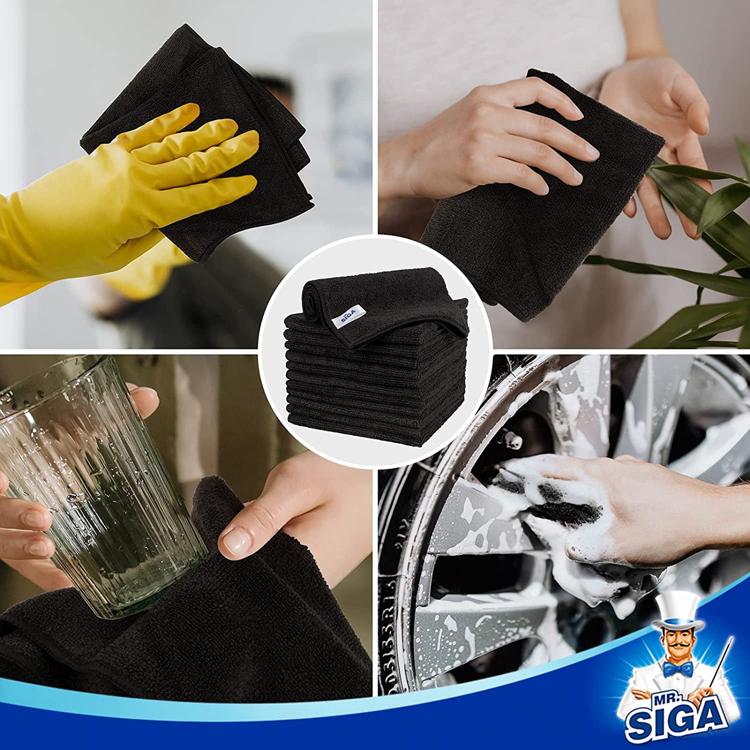 MR.Siga Microfiber Cleaning Cloth, All-Purpose Household Microfiber Clean Towels, Black, 12 Pack