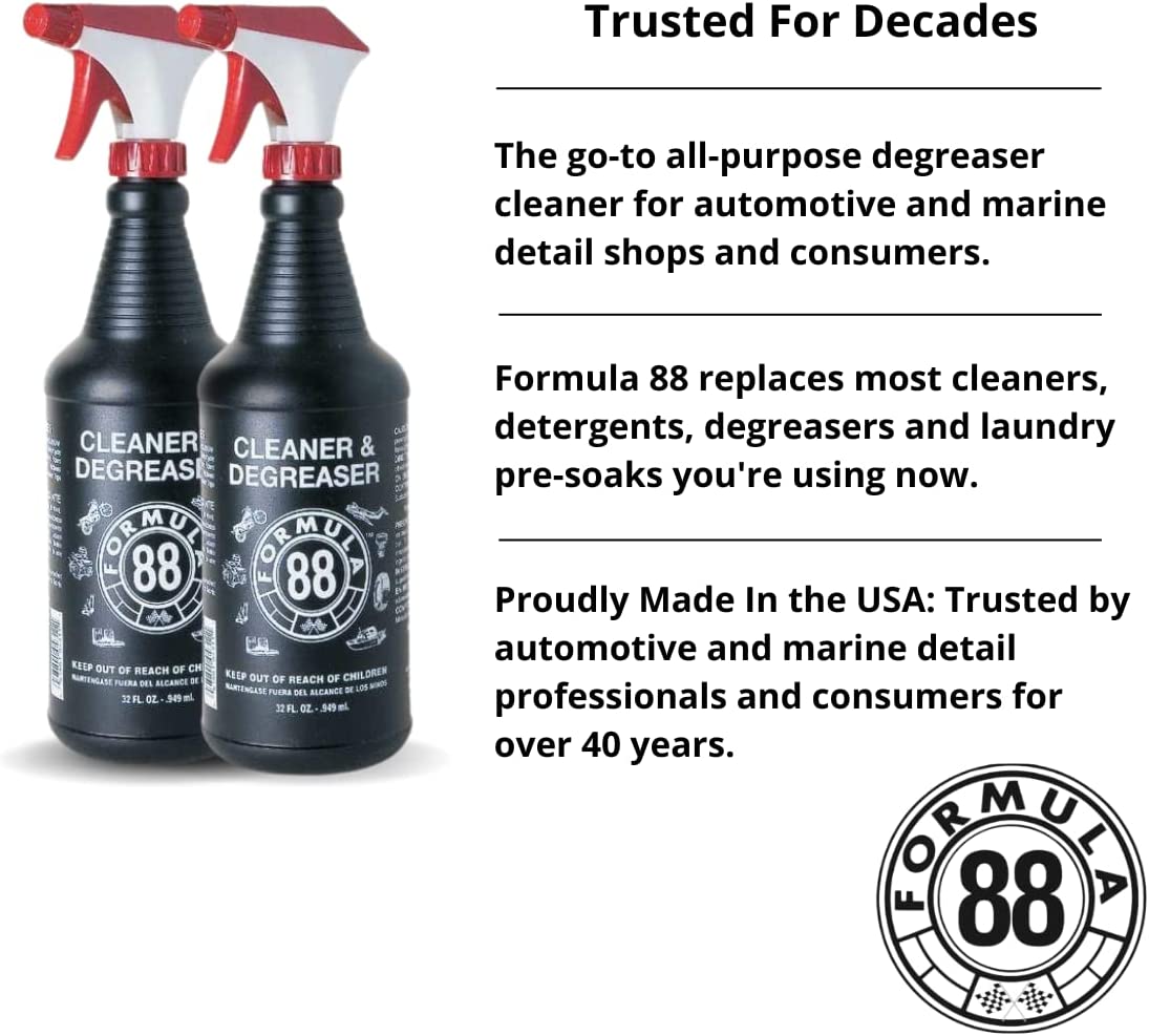 Formula 88 Cleaner & Degreaser | Multi Surface Car & Marine Cleaner for Interior, Exterior | Removes Grease & Grime Residue on Metal, Plastic, Cloth, Vinyl, Carpet (2-pack 32oz Spray)