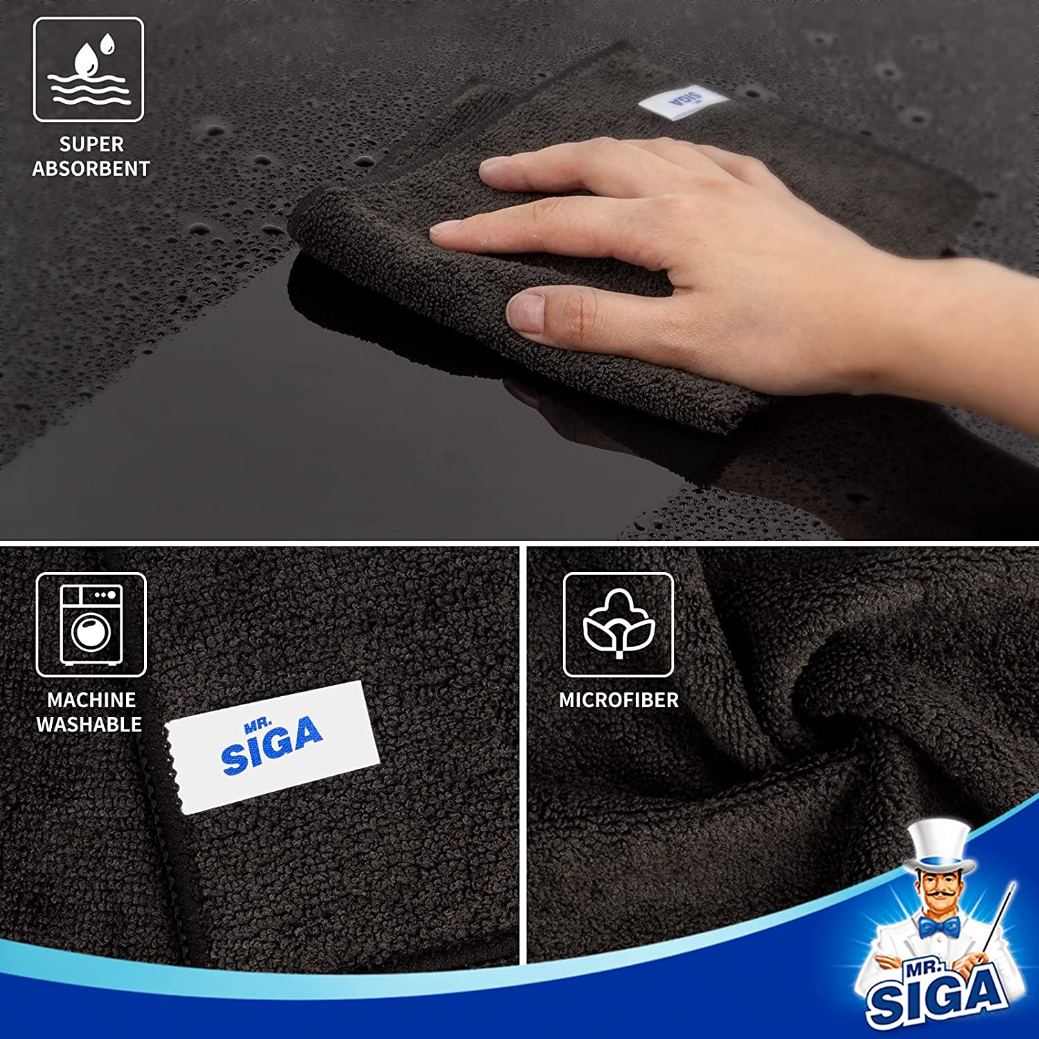 MR.Siga Microfiber Cleaning Cloth, All-Purpose Household Microfiber Clean Towels, Black, 12 Pack