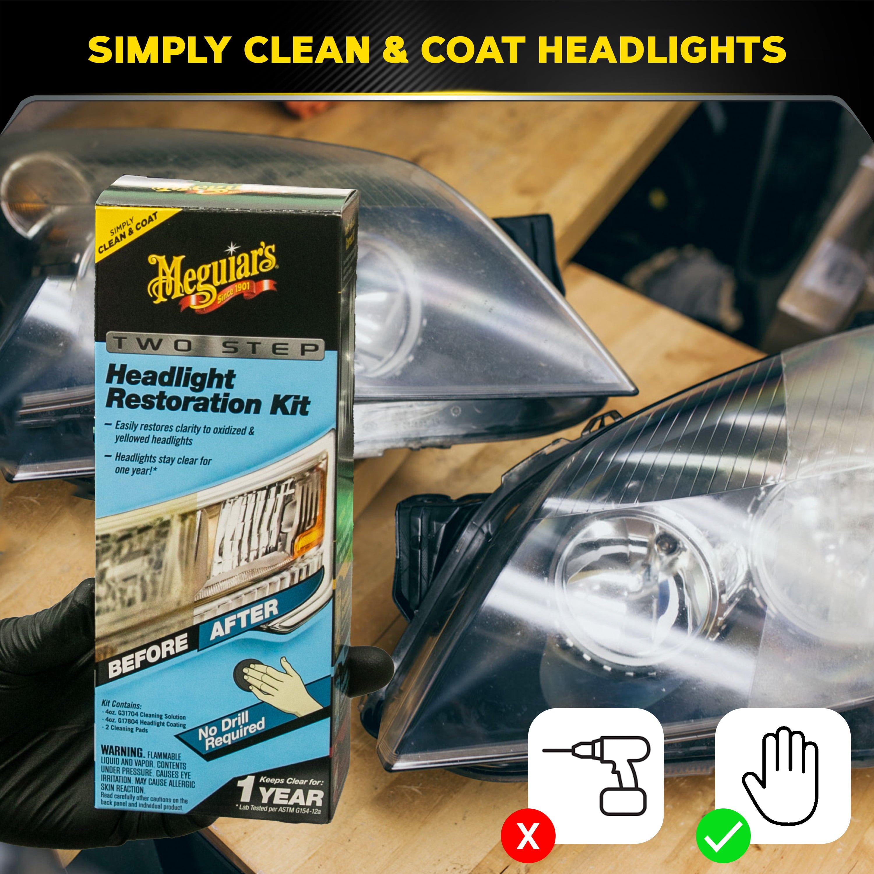 Meguiar's Two Step Headlight Restoration Kit, Clear – Cleaning Solution, 4 Count (1 Pack)